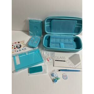 Switch Accessories Bundle, 11 piece teal Blue  Carrying Case, Adjustable Stand +